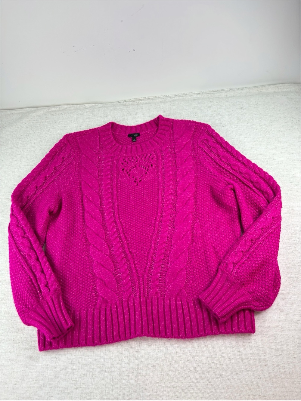 Talbots women's XL‎ balloon sleeve wool blend sweater hot pink cable knit